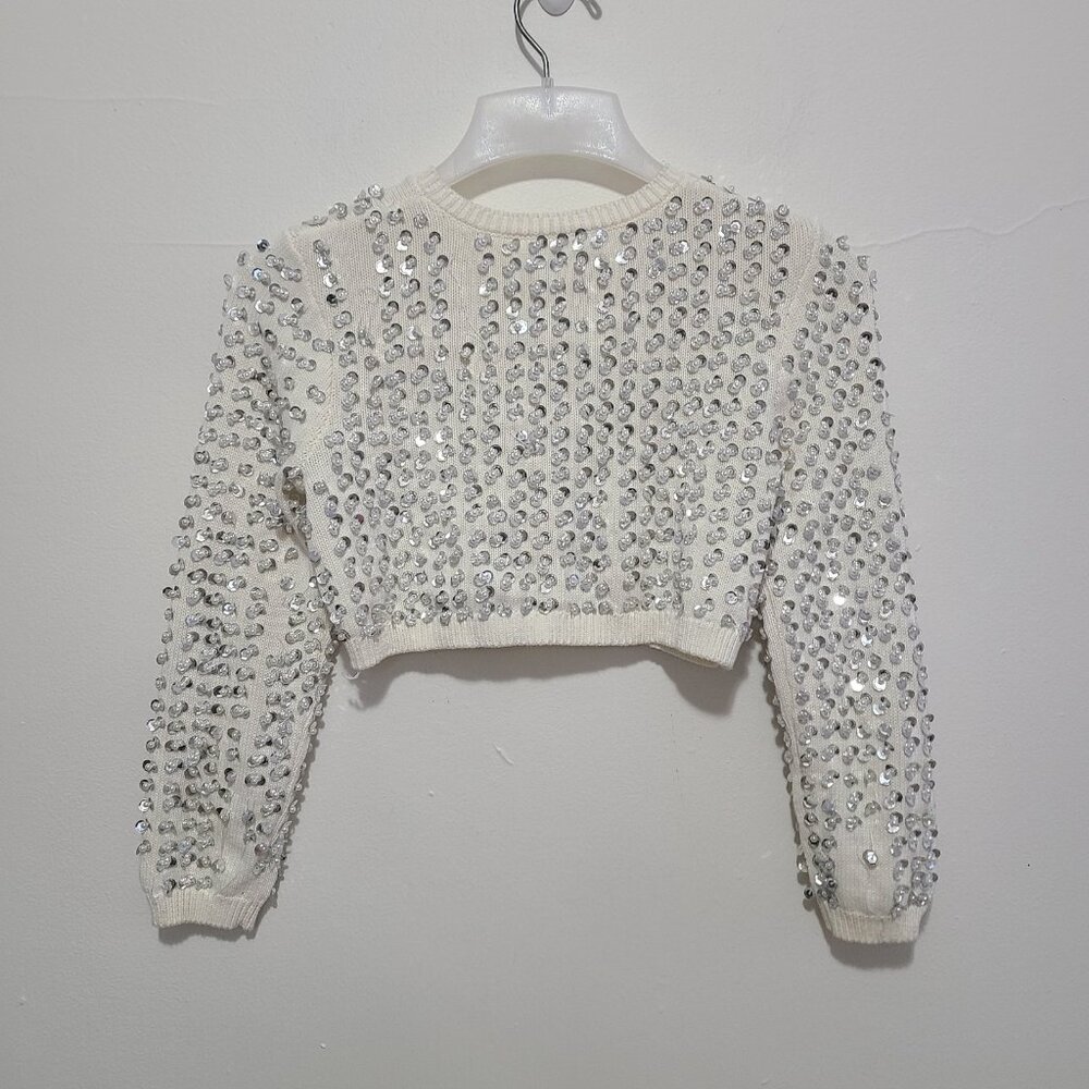 LoveShackFancy Tracey Ivory Crystal-Embellished Cropped Cardigan - Picture 4 of 12